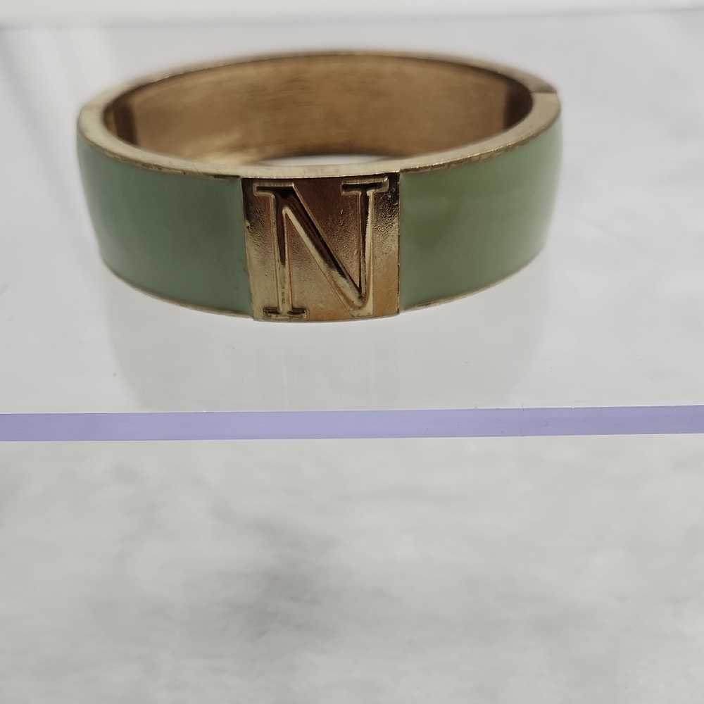 Seagram Green Cuff Hinged Bangle With Initial “N” Gold Tone